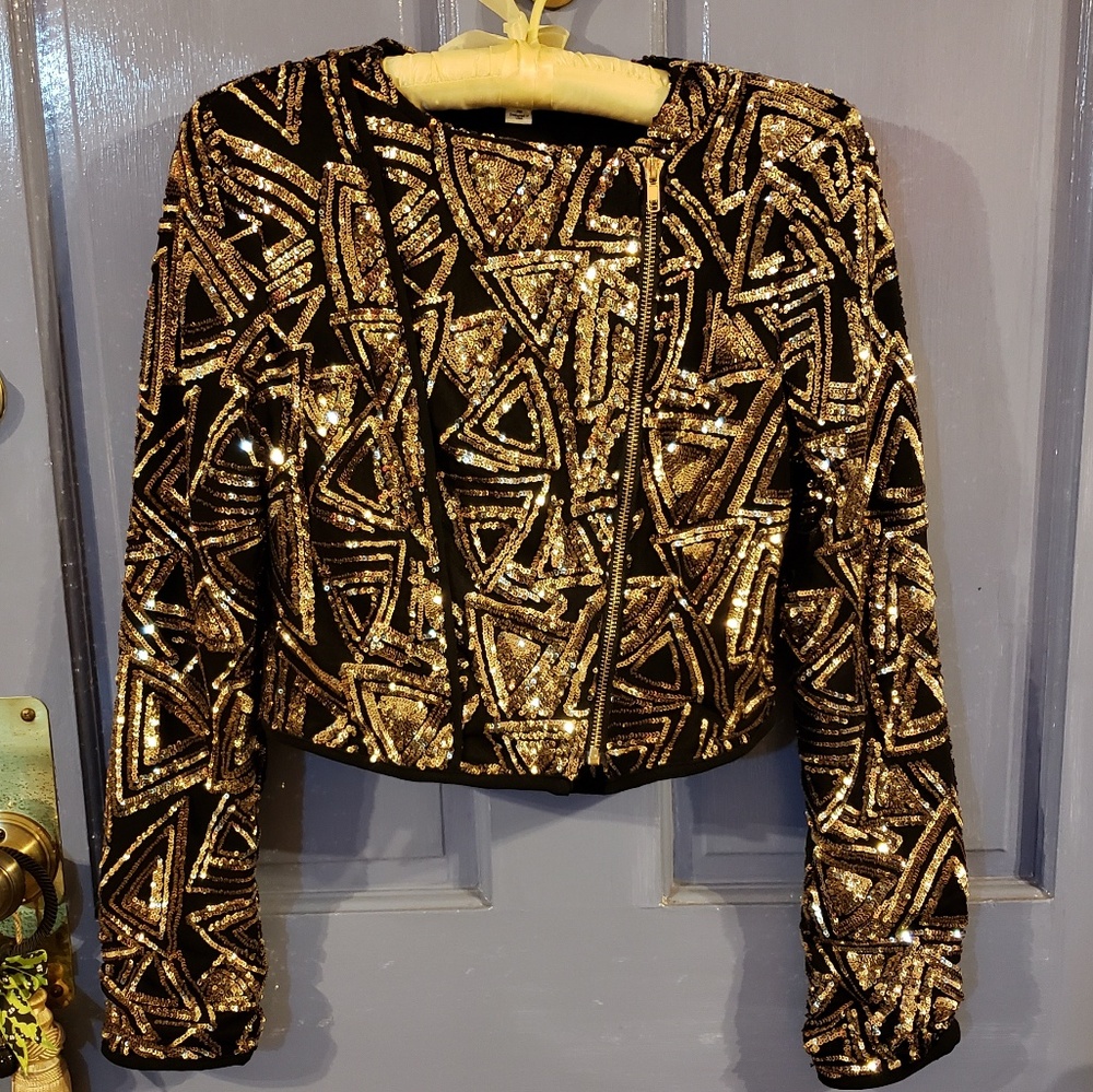 Nylon Premium Gold Sequin Moto Jacket